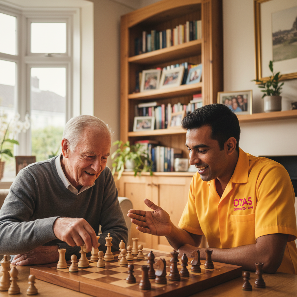An Otas Supported Living companionship carer playing chess with an elderly man at home in Sheerness, Kent — stimulating, enjoyable social support that keeps the mind active