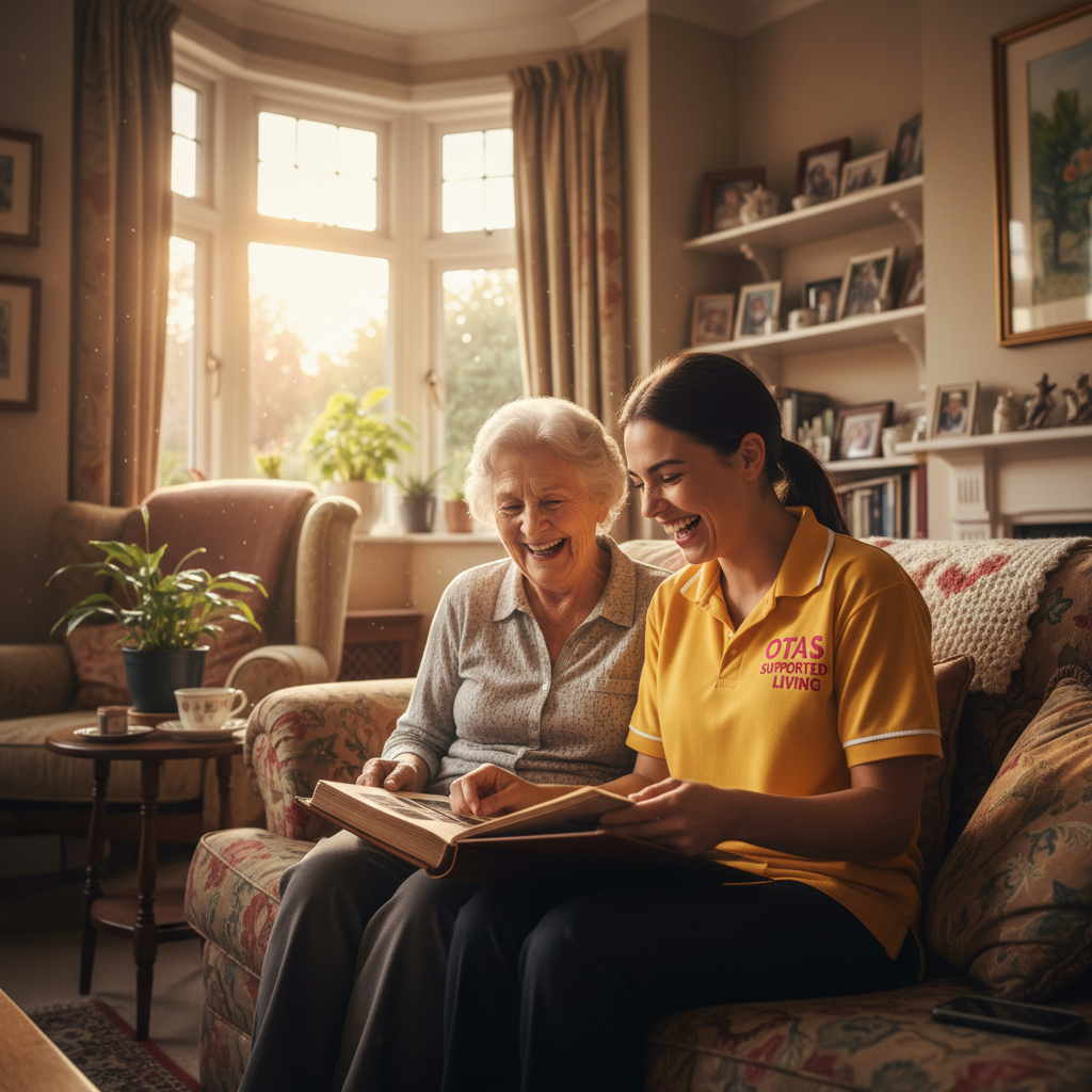 An Otas Supported Living companionship carer sharing a joyful moment with an elderly woman in her home in Sheerness, Kent — genuine, friendly social support that combats loneliness and brightens daily life