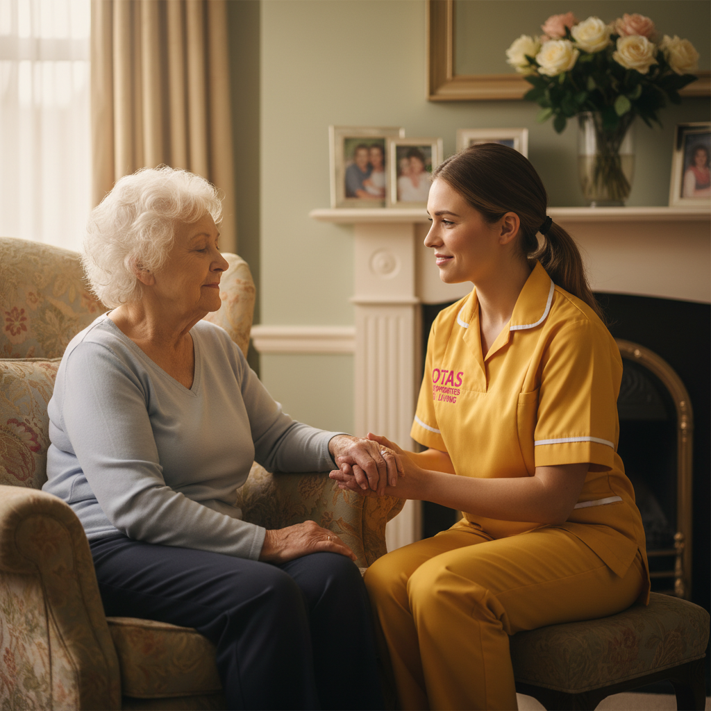 An Otas Supported Living dementia care specialist in Sheerness sitting beside an elderly woman with dementia in her own home in Kent — providing calm, familiar, person-centred dementia support