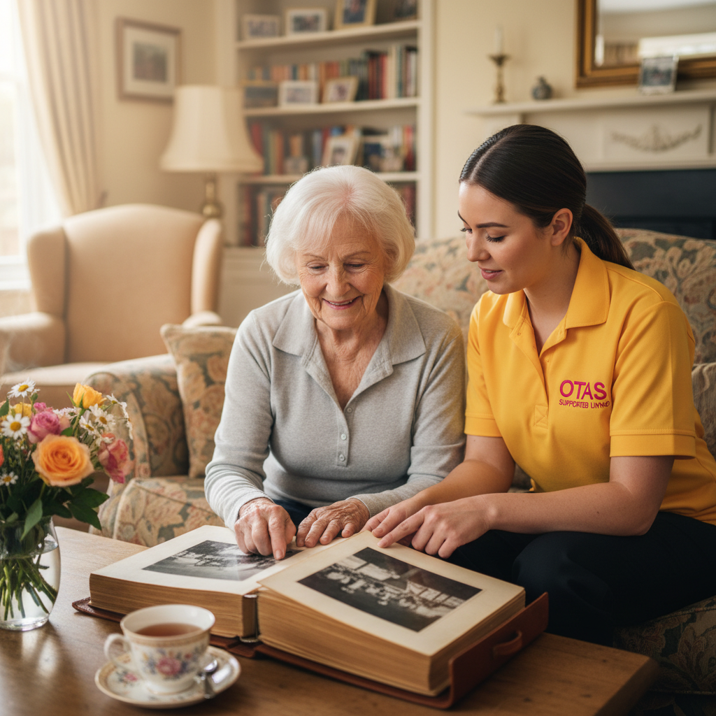 An Otas Supported Living dementia carer doing a reminiscence activity with an elderly woman in her home in Sheerness, Kent