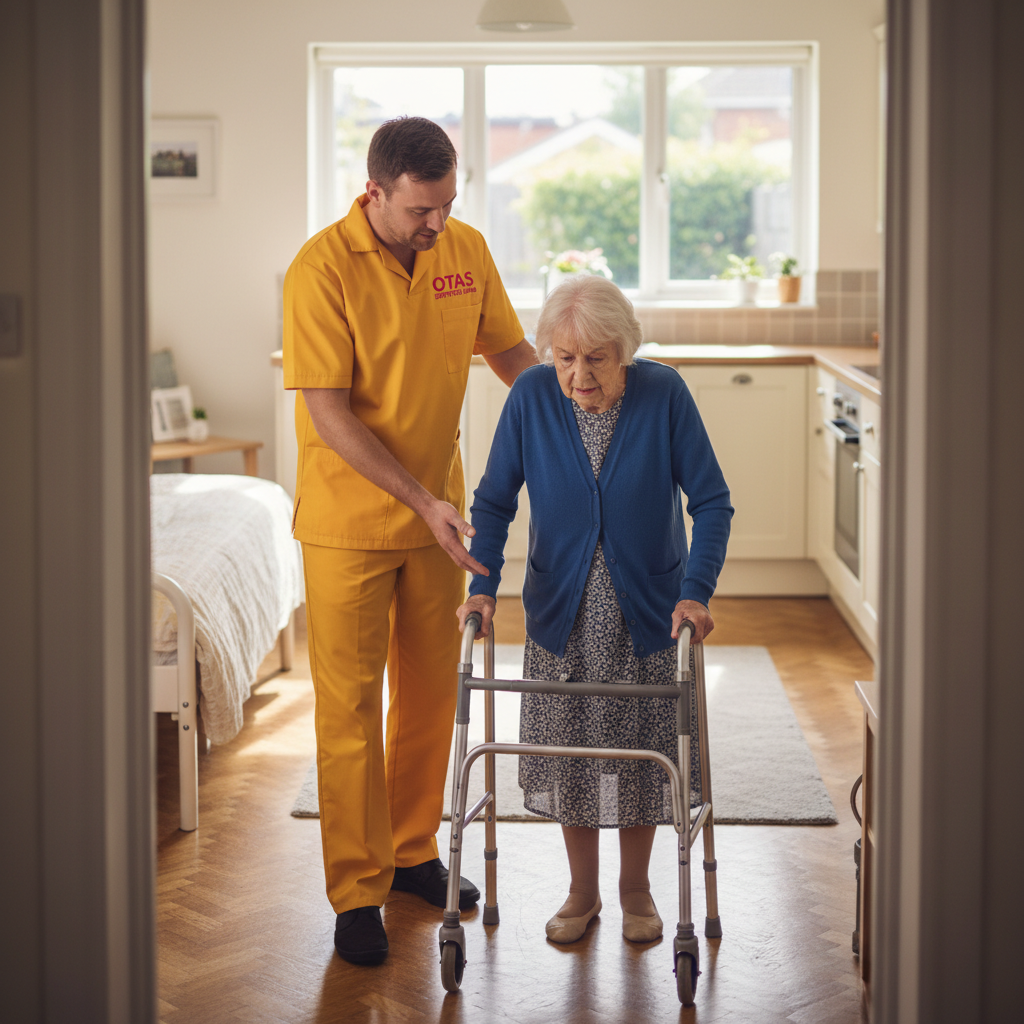 An Otas Supported Living reablement carer encouraging an elderly man to make his own tea in his kitchen in Sheerness — enabling independence during post-hospital recovery in Kent