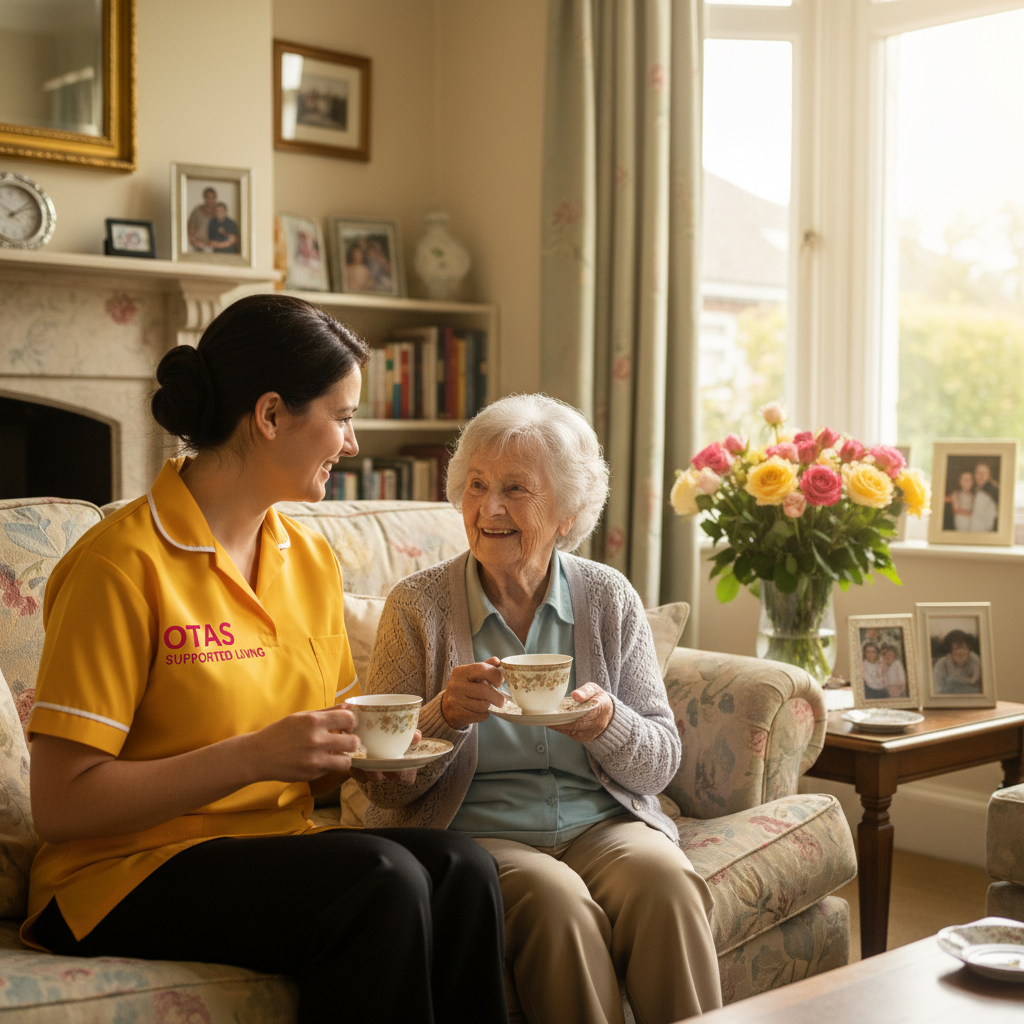 An Otas Supported Living home carer sitting with an elderly woman in her own living room in Sheerness, Kent — professional, person-centred domiciliary care that supports independence at home across the Isle of Sheppey