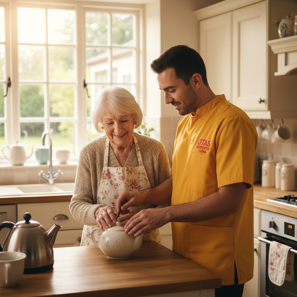 An Otas Supported Living home carer supporting an elderly woman to make tea independently in her own kitchen in Sheerness — enabling independence through person-centred domiciliary care in Kent