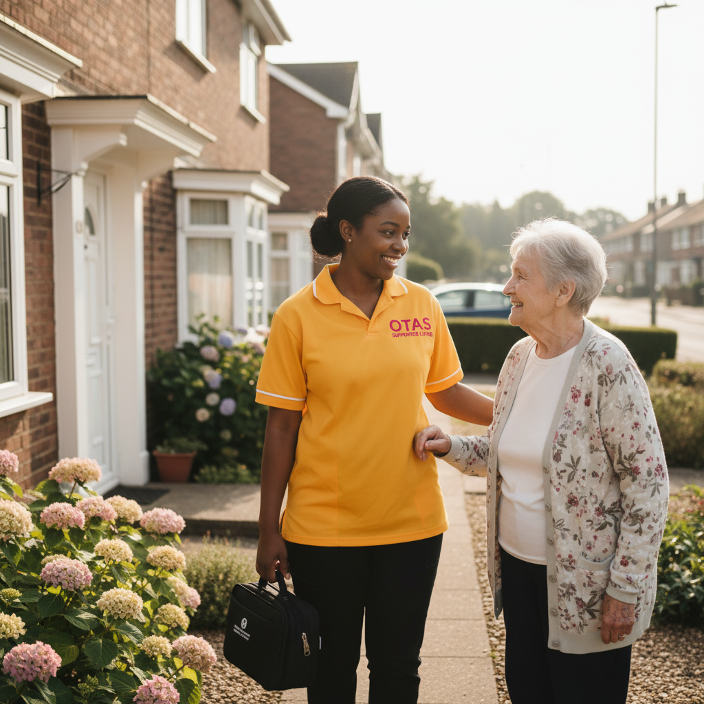 An Otas Supported Living community carer arriving at an elderly woman's home in Sheerness, Kent for a flexible hourly care visit — reliable, professional community care on the Isle of Sheppey