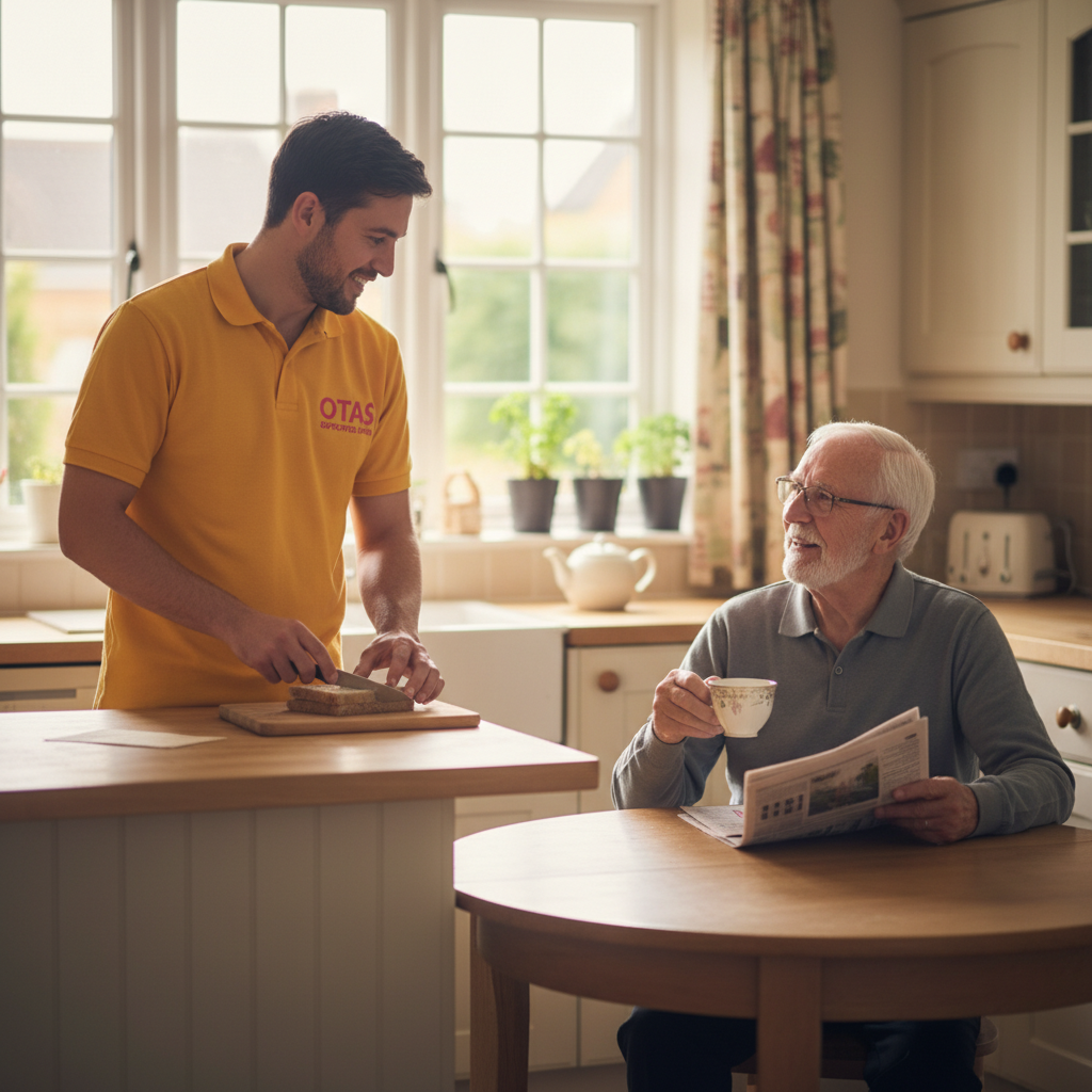 An Otas Supported Living community carer preparing lunch for an elderly man in his kitchen in Sheerness, Kent — practical, friendly hourly home care that supports independence and daily wellbeing