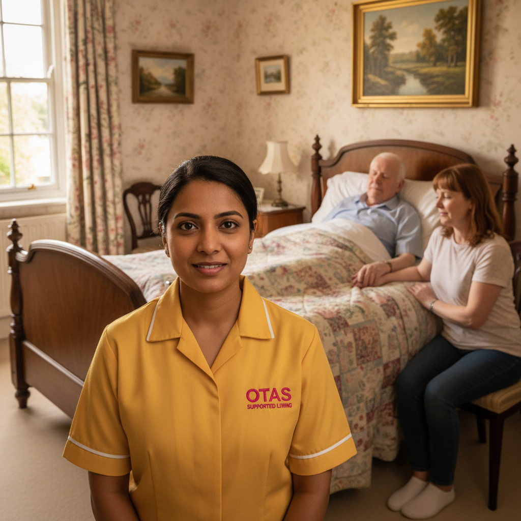 A family sharing a quiet, tender moment at home in Sheerness while an Otas Supported Living palliative carer provides compassionate, unobtrusive end-of-life care support in Kent