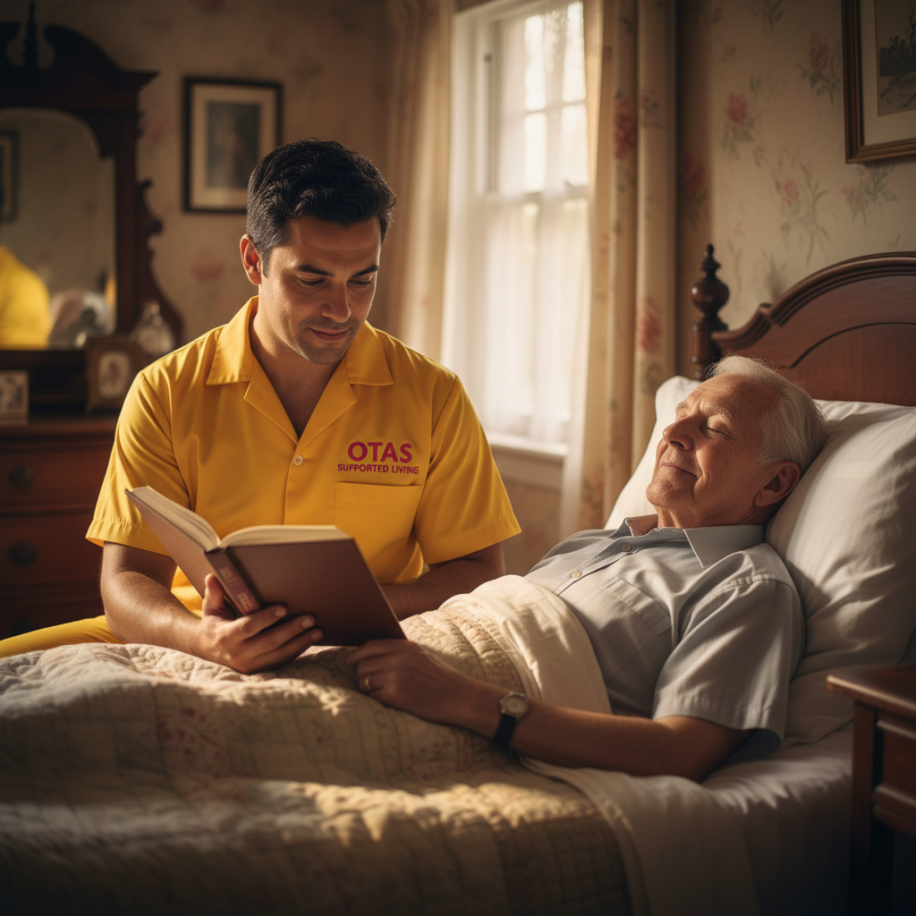 An Otas Supported Living palliative carer reading to an elderly man at his bedside in Sheerness, Kent — compassionate end-of-life care that honours the whole person