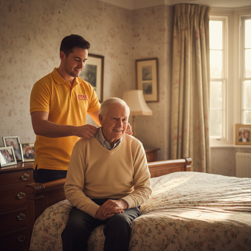 An Otas Supported Living carer helping an elderly man with dressing in his bedroom in Sheerness — dignified, respectful personal care at home in Kent