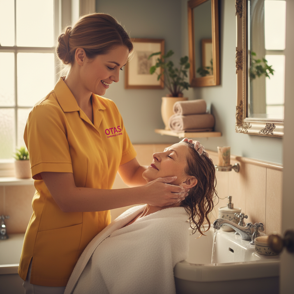 An Otas Supported Living carer in Sheerness gently assisting an elderly woman with personal care in her own home bathroom — dignified, respectful, professional home care in Kent