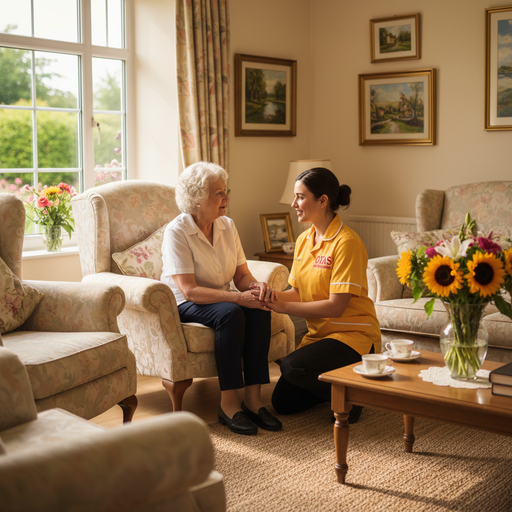 An Otas Supported Living carer in Sheerness kneeling beside an elderly resident in the warm, comfortable lounge of the residential care home in Kent