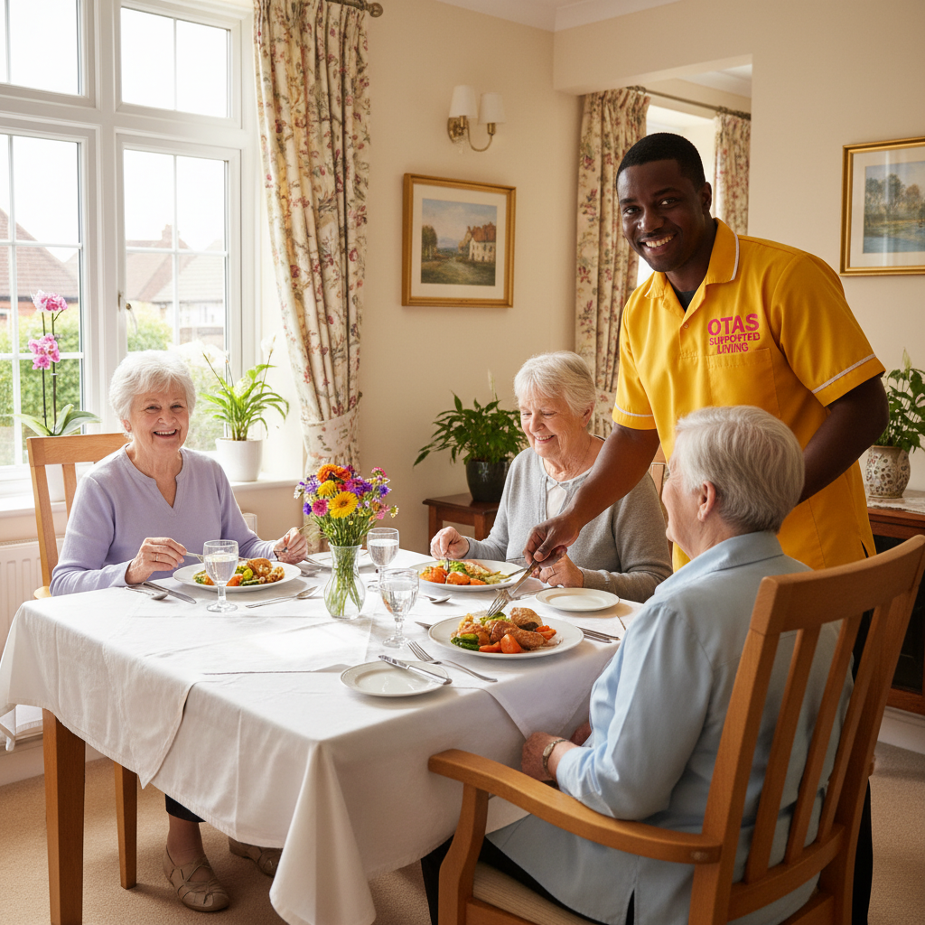 An Otas Supported Living carer serving a home-cooked meal to elderly residents in the residential care home dining room in Sheerness, Kent