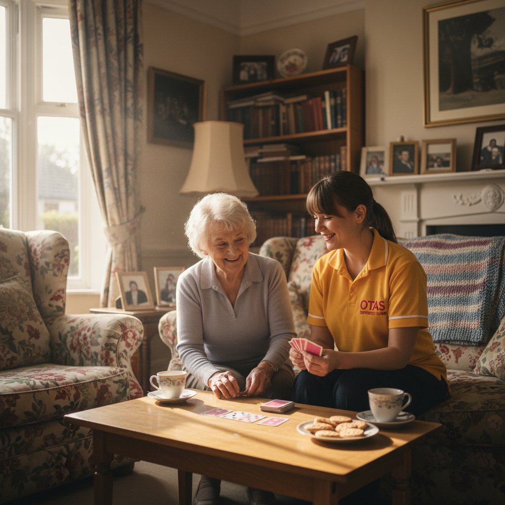 An Otas Supported Living respite carer enjoying a baking activity with an elderly woman in her home in Sheerness, Kent — meaningful, dignified respite care