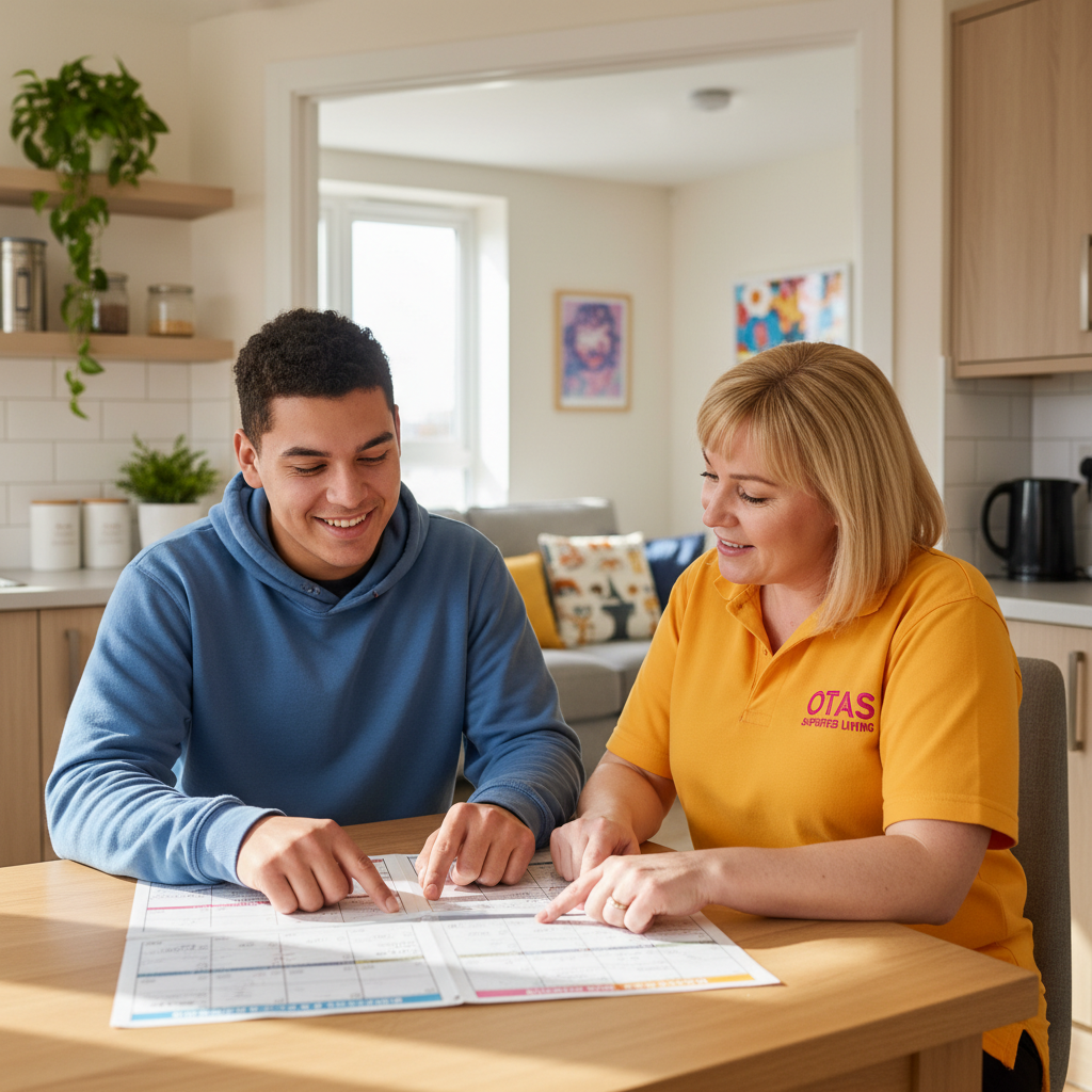 An Otas Supported Living carer in Sheerness helping a young adult with a learning disability plan his week in his own supported living flat in Kent
