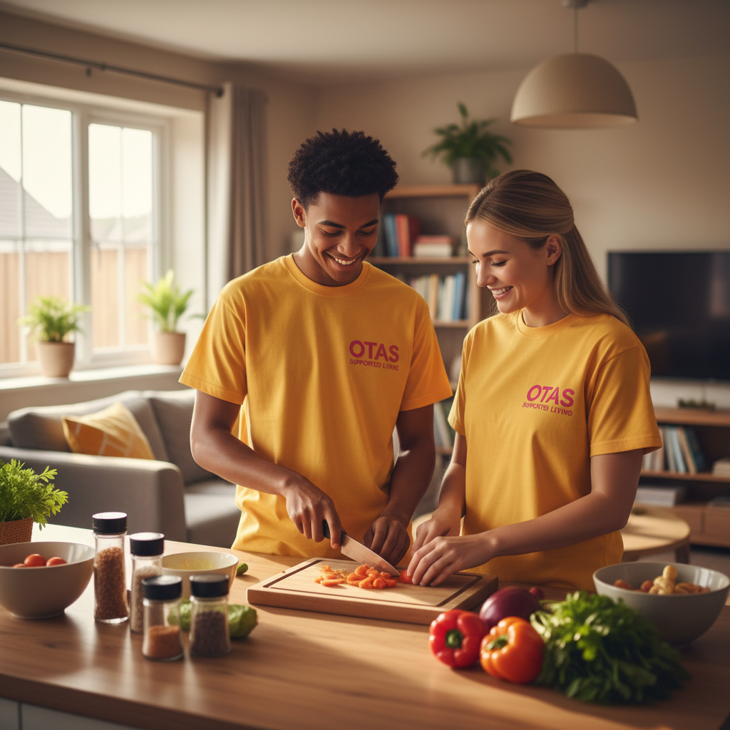 An Otas Supported Living carer supporting a young adult resident to develop independent cooking skills in Kent