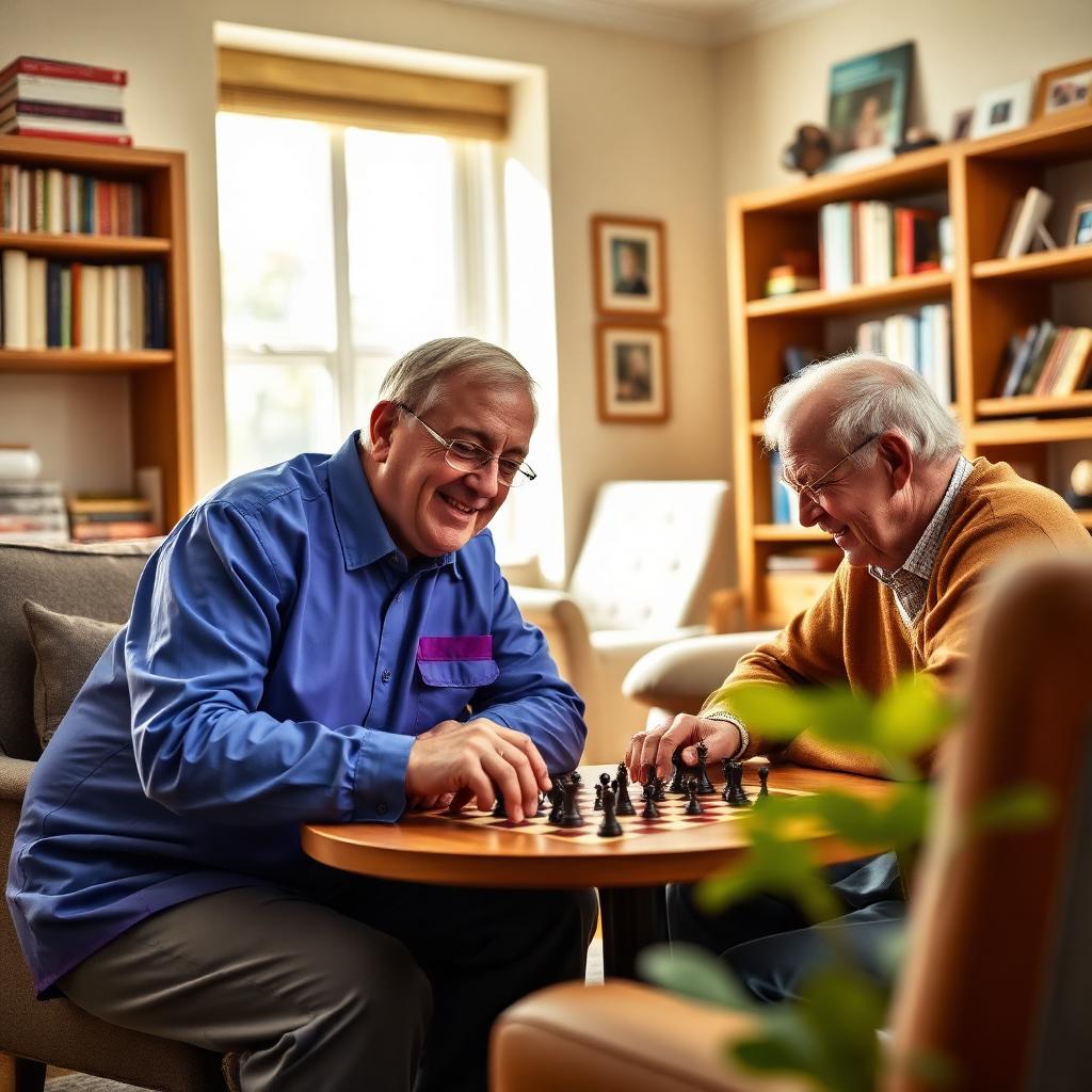 An Otas Supported Living companionship carer playing chess with an elderly man at home in Sheerness, Kent — stimulating, enjoyable social support that keeps the mind active