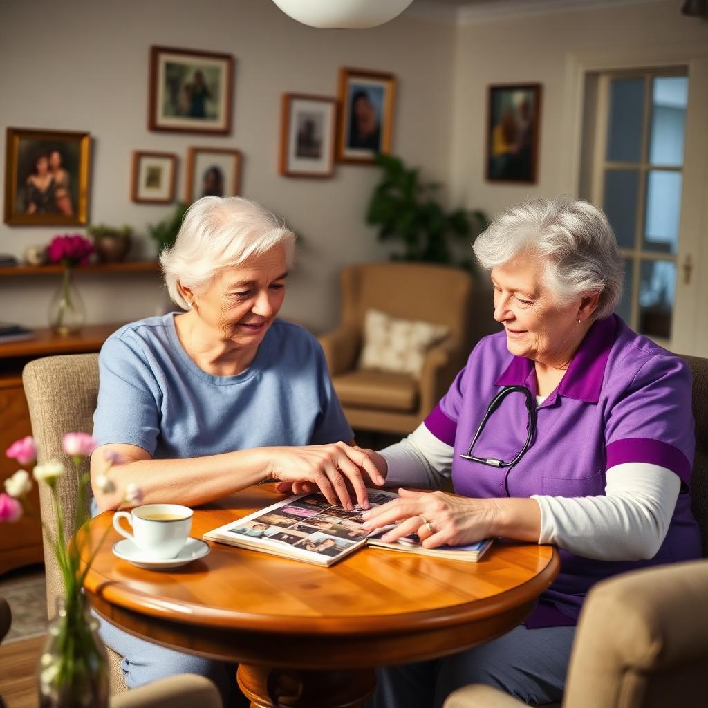 An Otas Supported Living dementia carer doing a reminiscence activity with an elderly woman in her home in Sheerness, Kent