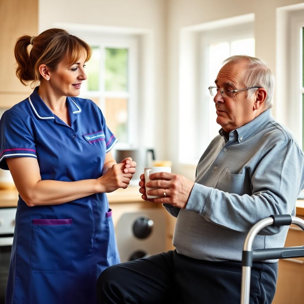 An Otas Supported Living reablement carer encouraging an elderly man to make his own tea in his kitchen in Sheerness — enabling independence during post-hospital recovery in Kent