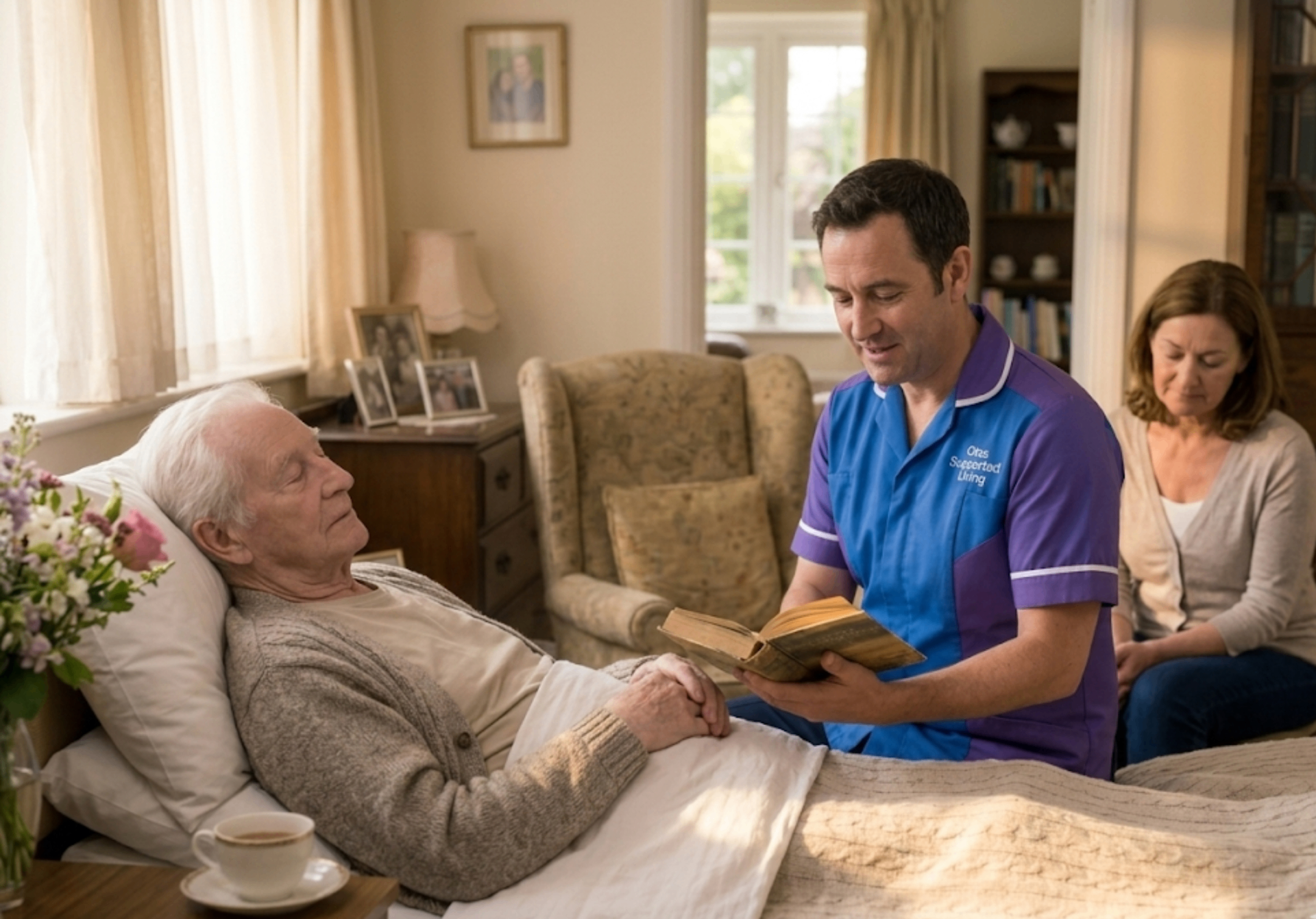 An Otas Supported Living palliative carer reading to an elderly man at his bedside in Sheerness, Kent — compassionate end-of-life care that honours the whole person
