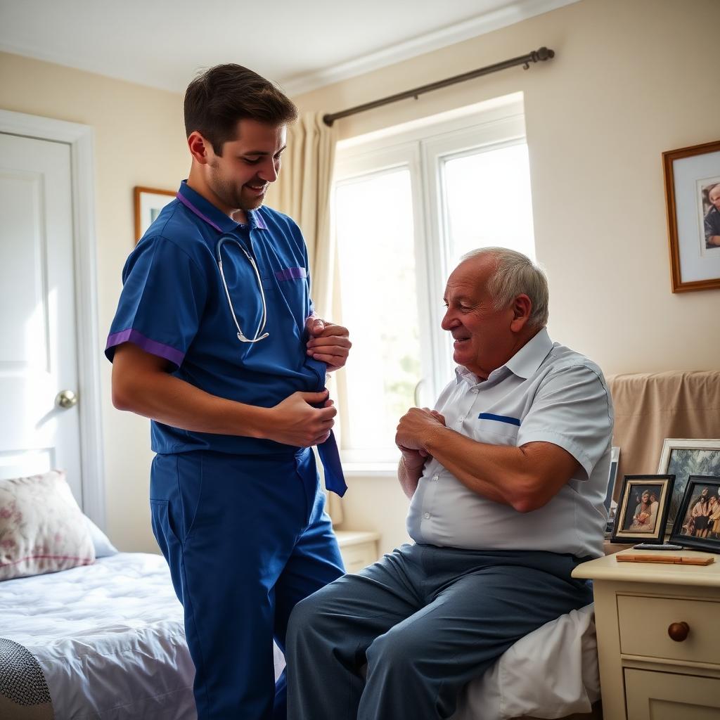 An Otas Supported Living carer helping an elderly man with dressing in his bedroom in Sheerness — dignified, respectful personal care at home in Kent