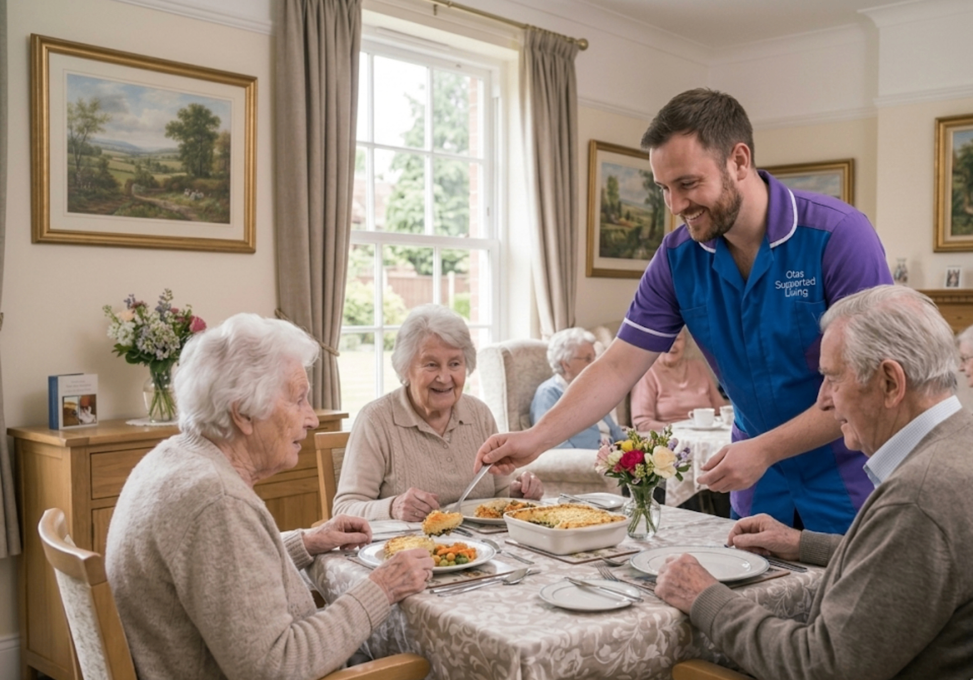 An Otas Supported Living carer serving a home-cooked meal to elderly residents in the residential care home dining room in Sheerness, Kent