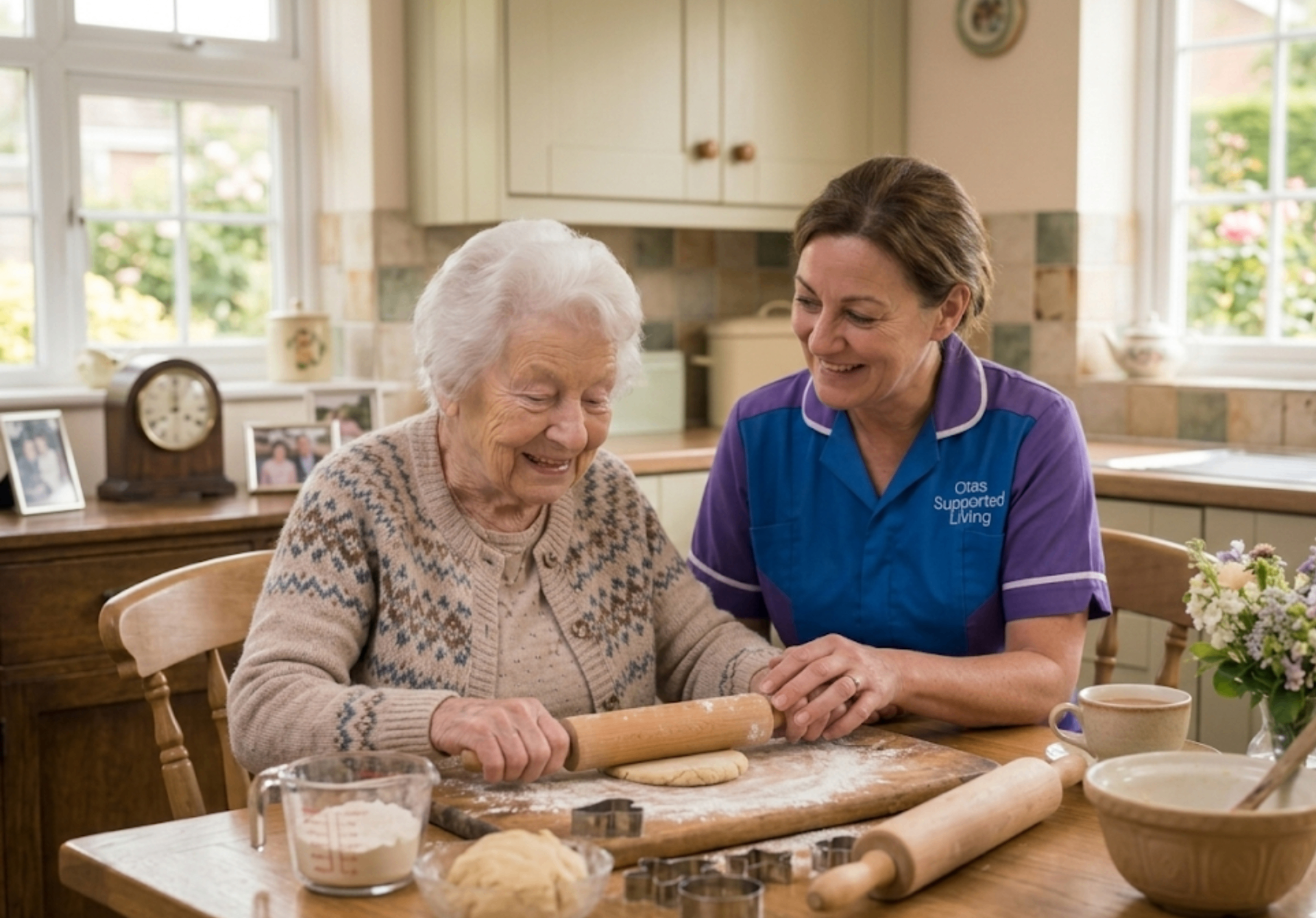 An Otas Supported Living respite carer enjoying a baking activity with an elderly woman in her home in Sheerness, Kent — meaningful, dignified respite care