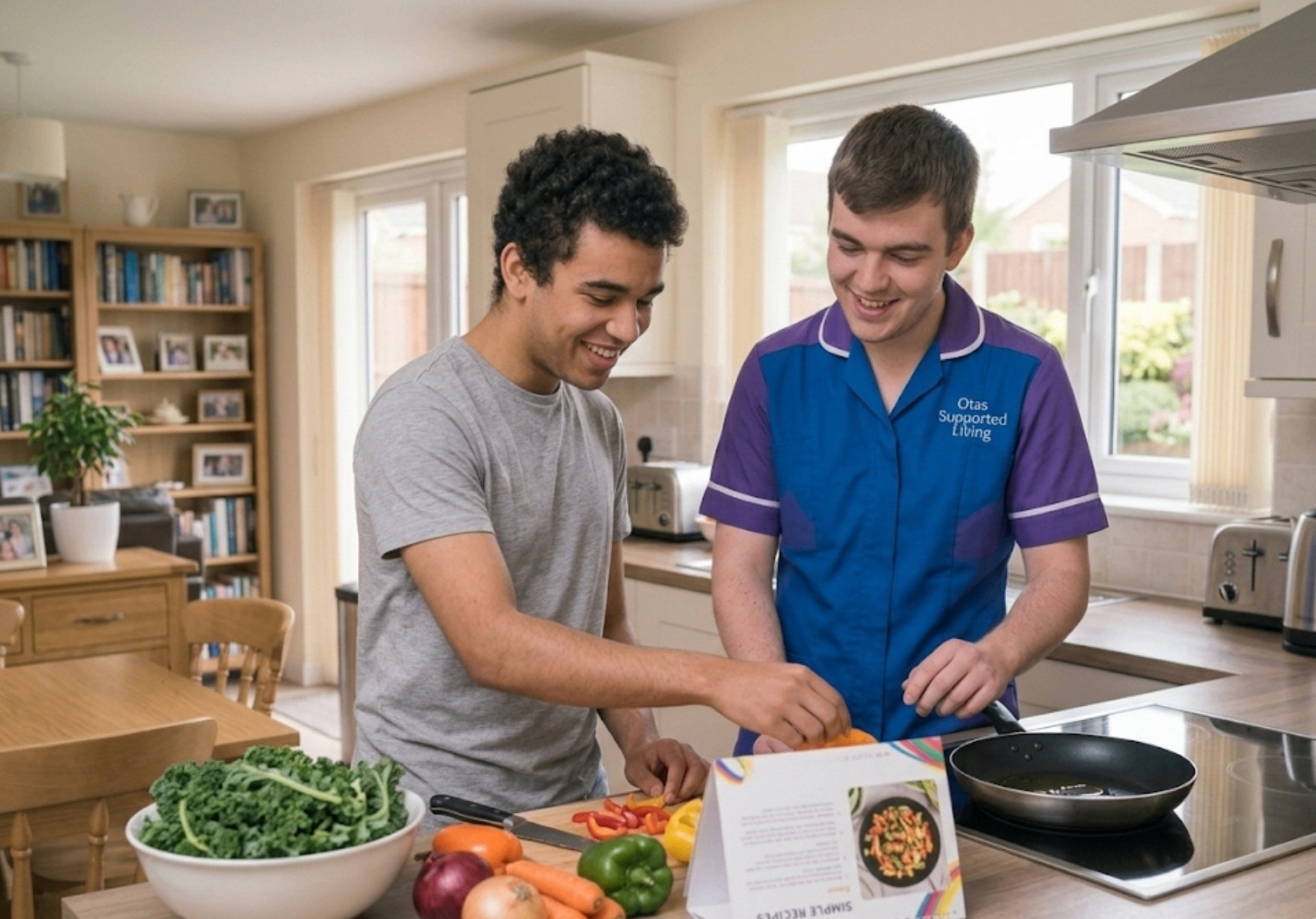 An Otas Supported Living carer supporting a young adult resident to develop independent cooking skills in Kent